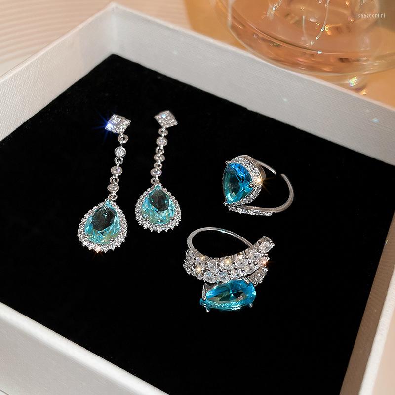 

Necklace Earrings Set Exquisite Blue Cubic Zirconia Waterdrop Women's Romantic Trendy Delicate Gorgeous Rings Charm Jewellery, Picture shown
