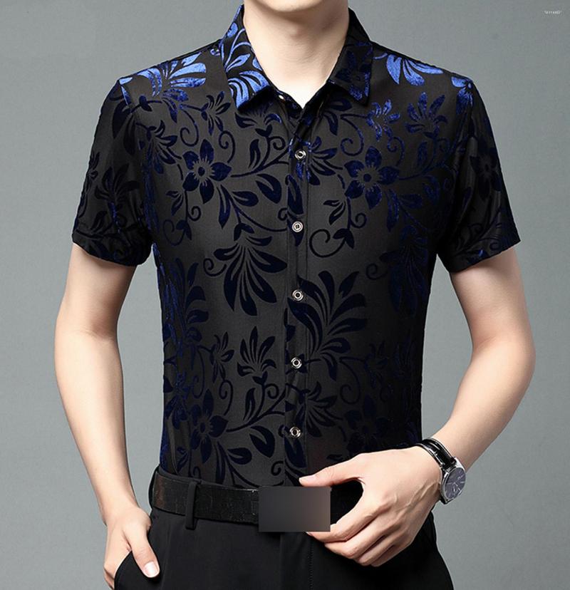 

Men's Casual Shirts Mens Floral See Through Lace Up Button Down Summer Short Sleeve Urban Sexy Prarty, Blue