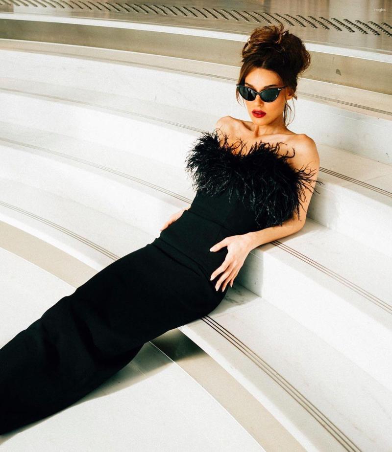 

Casual Dresses Elegant Feathers Black Strapless Bandage Dress Celebrity Bodycon Long Prom Party Women Floor Length Vestidos Dropship