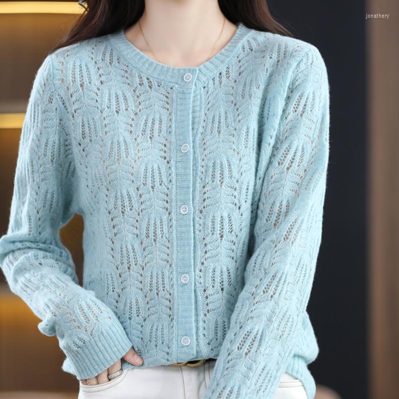 

Women' Knits Pure Wool Cardigan Women' Knitted Phoenix Flower Hollow High-end Foreign Style Round Neck Loose Outer Wear 22 Latest, Violet