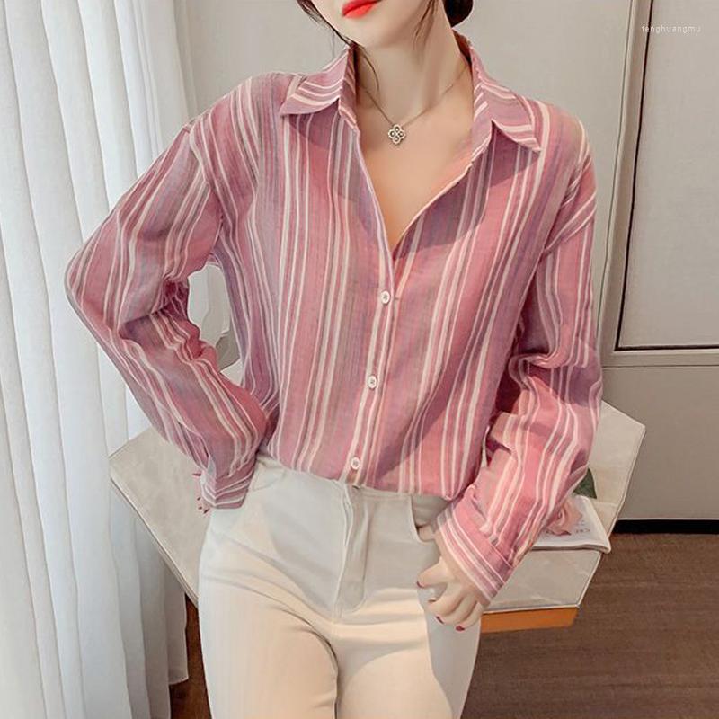 

Women's Blouses Elegant Fashion Striped Print Street All Match Shirts For Women Spring Autumn Casual Chic Long Sleeve Top Blouse Female, Red