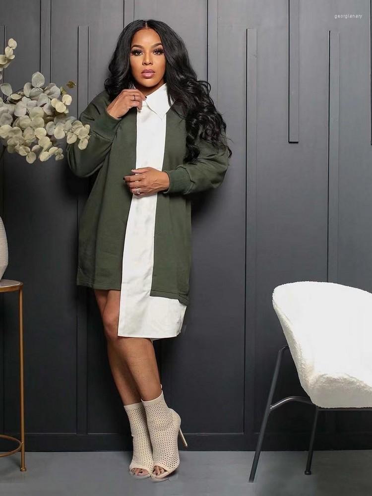 

Casual Dresses Streetwear Women Color Block Spliced Shirt Dress Turn Down Collar Long Sleeve Blouse Chic Single Breasted Irregular Robe, Black