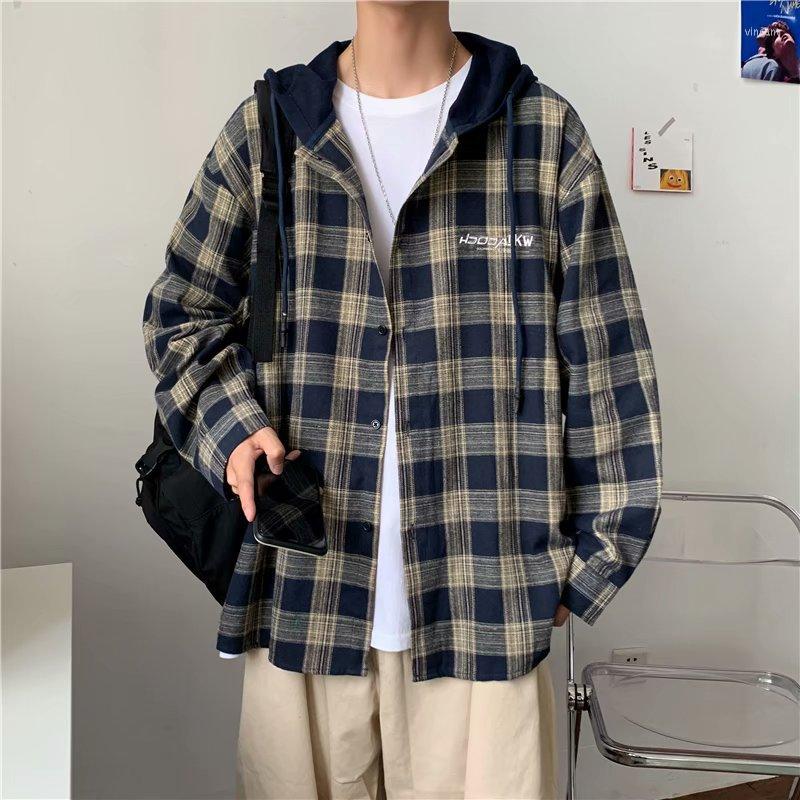 

Men's Jackets Men's Autumn Shirt Jacket Plaid Hooded Sweatshirt Loose Pullover Top, Green