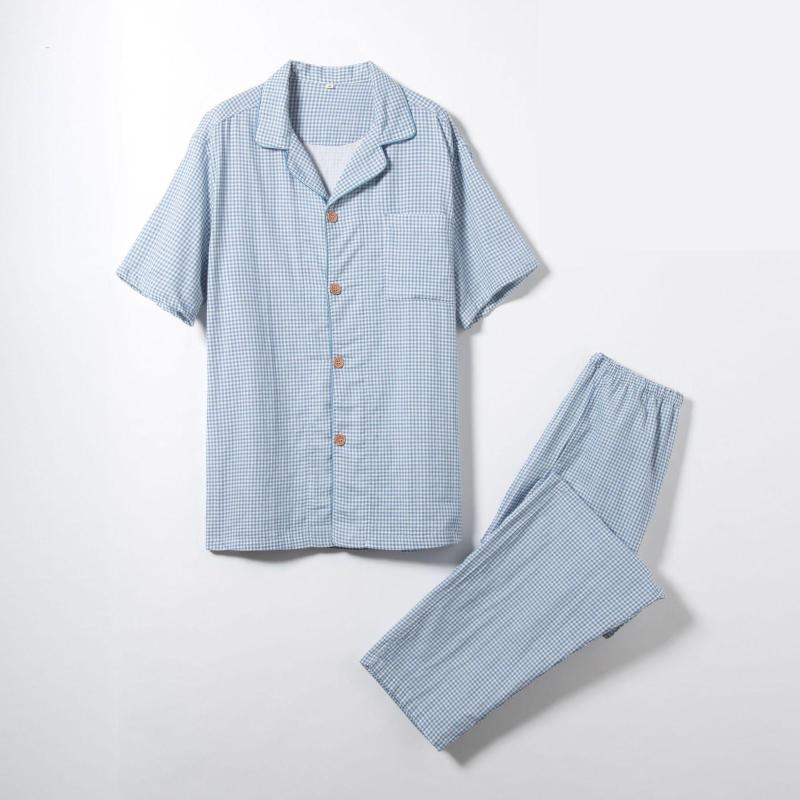 

Men's Sleepwear Plaid Men Cotton Pajamas Suit Nightgown Blue 2PCS Homewear Shirt&Pants Home Clothing Couple Lingerie Pijamas Sets