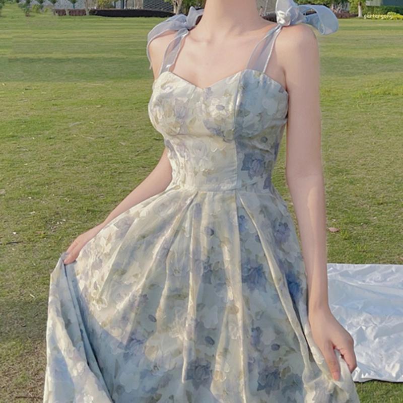 

Casual Dresses Elegant Long Flower Strap Women Vintage Sweet Print Korean Slip Skirt Fairy Calssy Party Princess Dress2023, Beige