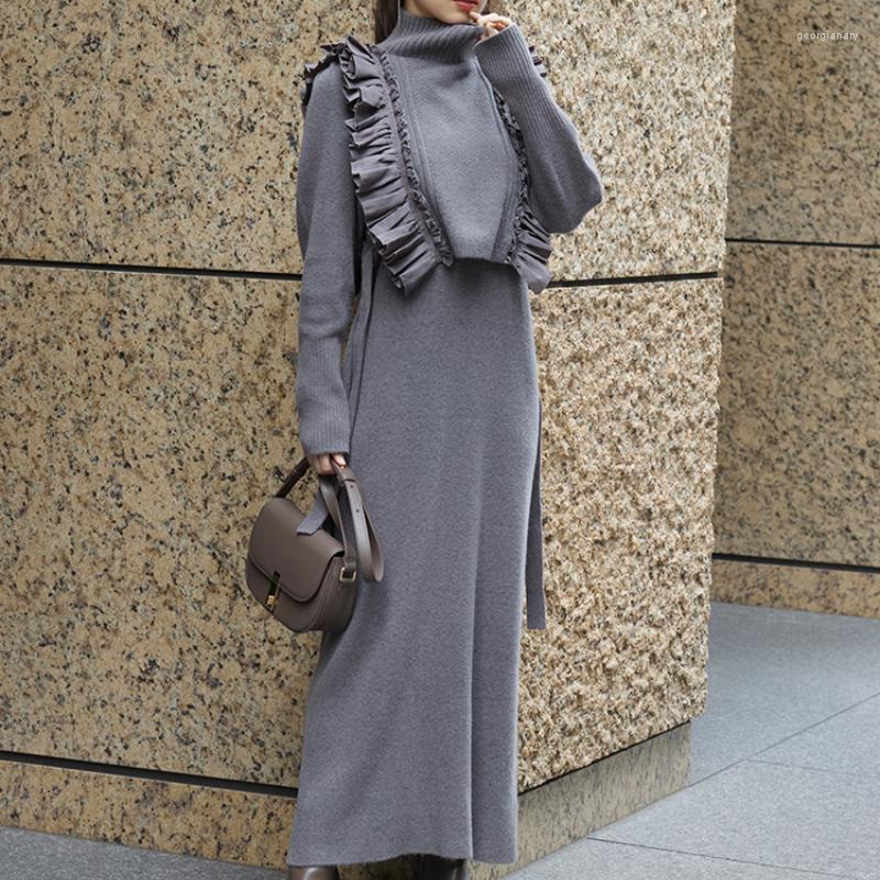 

Party Dresses Elegant Chic Ruffles Patchwork Drawstring Dress Women High Waist Hip Design Knit Vestido Feminino Turtleneck Long Robe Femme, Dark grey