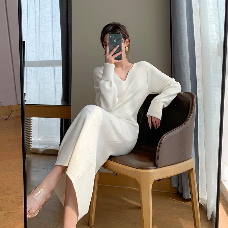 

Casual Dresses FIORDS Vintage Korean Elegant Knitted Long Dress Women Sleeve Winter Ladies Solid Party Christmas, Black