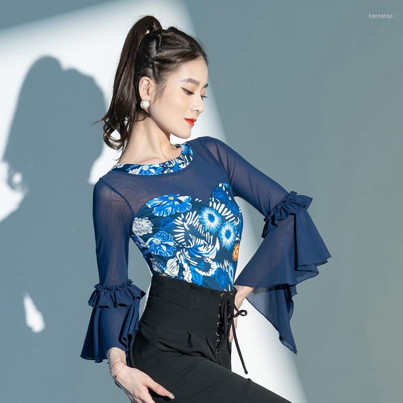 

Stage Wear Floral Ballroom Tops Women Mesh Sleeve Latin Practice Tango Leotard Modern Dancewear Salsa Clothing Costume DL9857, Only tops
