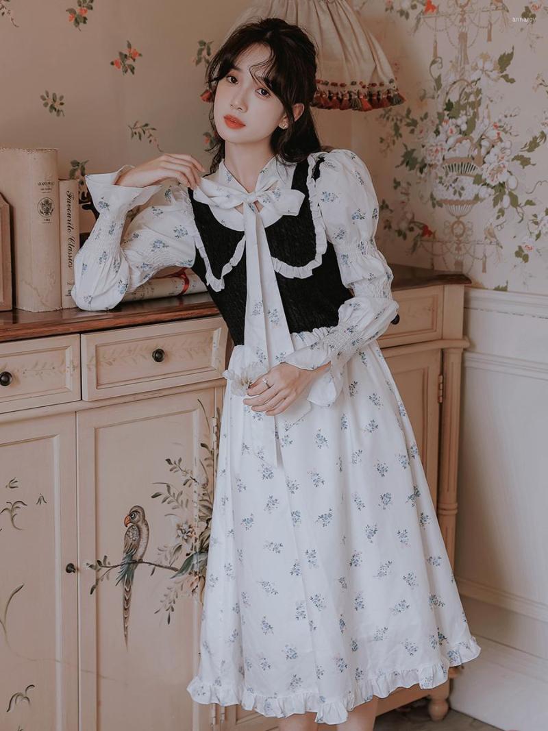 

Casual Dresses Sweet Retro Floral Women Black Knit Patchwork Japanese Blue Print Vintage High Fashion Vestidos Puff Sleeve Ladies Dress, White