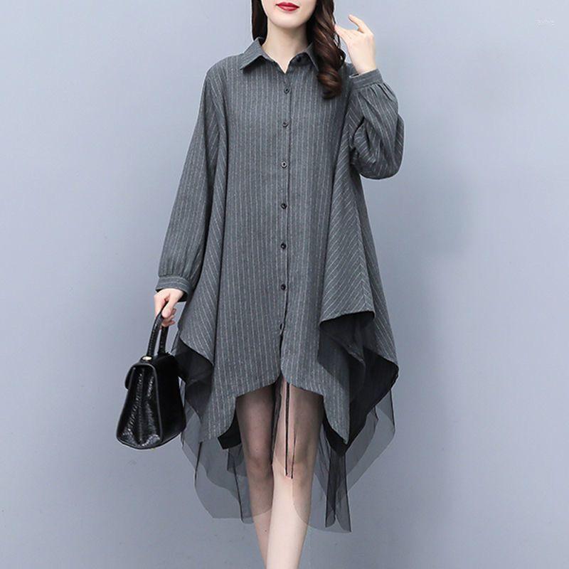 

Women's Blouses High Street Stylish Gauze Patchwork Blouse Women's Clothing Casual Irregular Spring Autumn Commute Single-breasted Lapel, Coffee