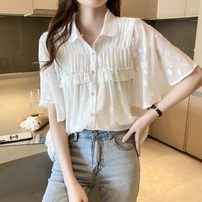 

Women's Polos 2023 Summer Chiffon Shirt Women's Pure Fashion Color Button Splice Ruffle Edge Casual Top Loose Office, White
