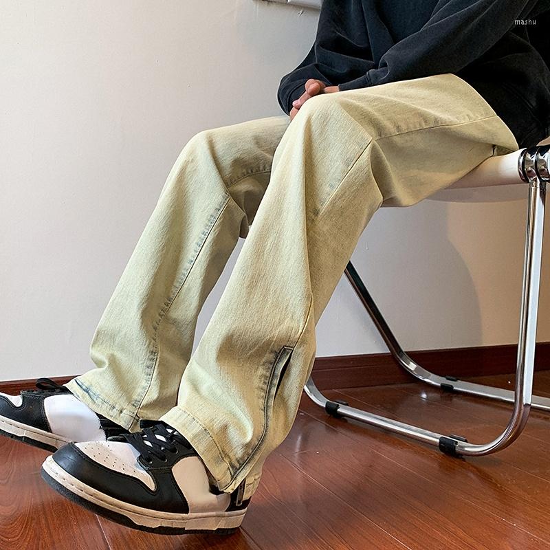 

Men' Jeans Spring Fashion Vintage Baggy Men Hip Hop Pants Y2K Clothes Multiple Zipper Men' Straight Denim Trousers, Muddy yellow