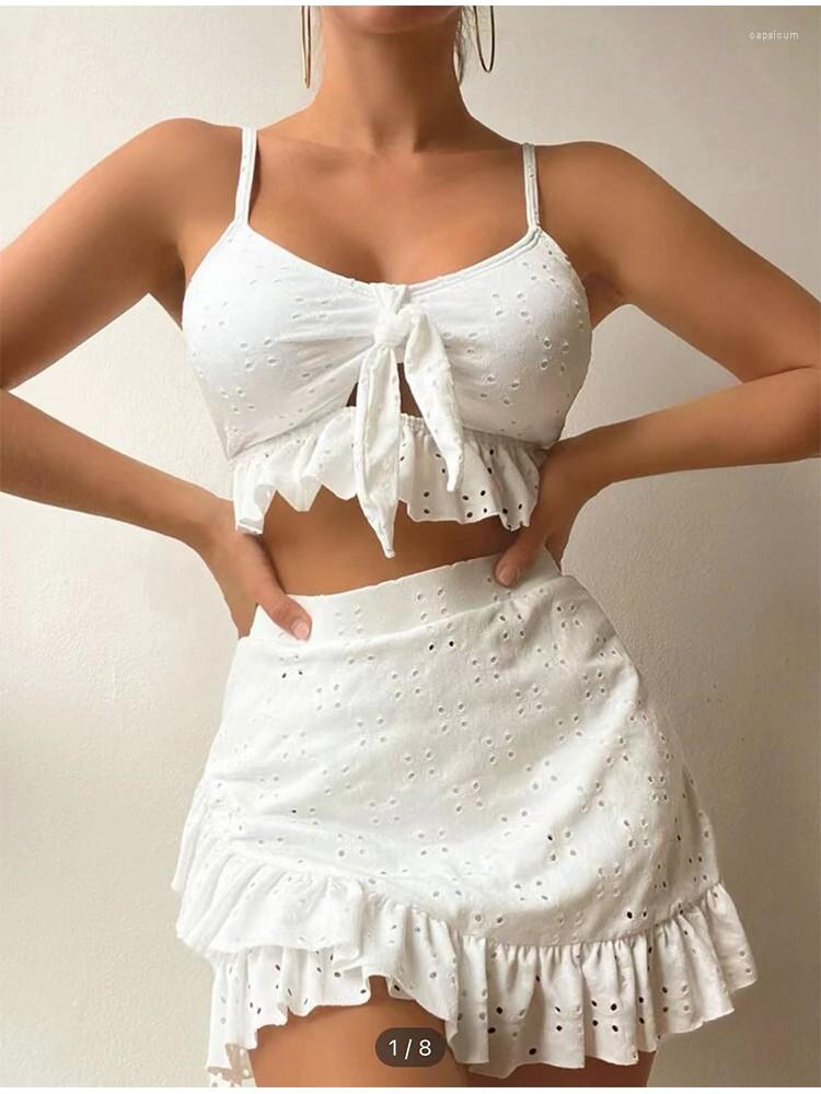 

Women' Swimwear 2023 Solid Bikini Set Sexy High Waist Mesh Beach Style Women Three-piece Flounce Summer Swimsuit Biquini Bathing Suit