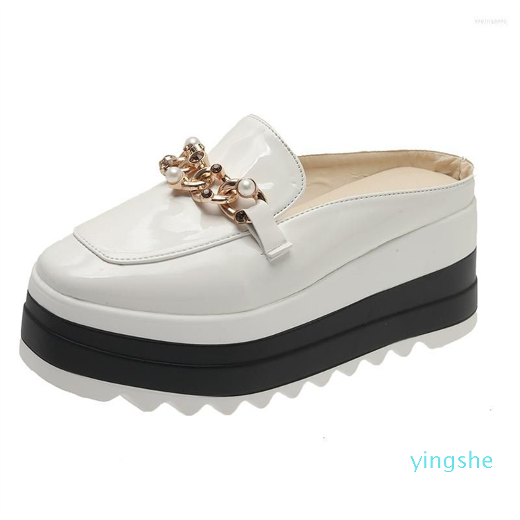 

Slippers Chain Pearl Wedges Platform Mules Sandals Women Summer High Heels Slipper Casual British Pumps Woman Shoes 2023, White