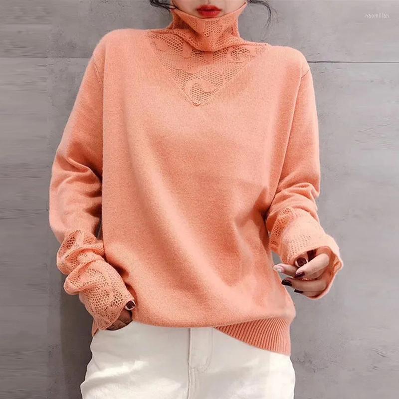 

Women' Sweaters Fashion Lace Gauze Patchwork Loose Turtleneck Pullovers Women Elegant Base Knitwear 2023 Slim Long Sleeve Tops Female, White