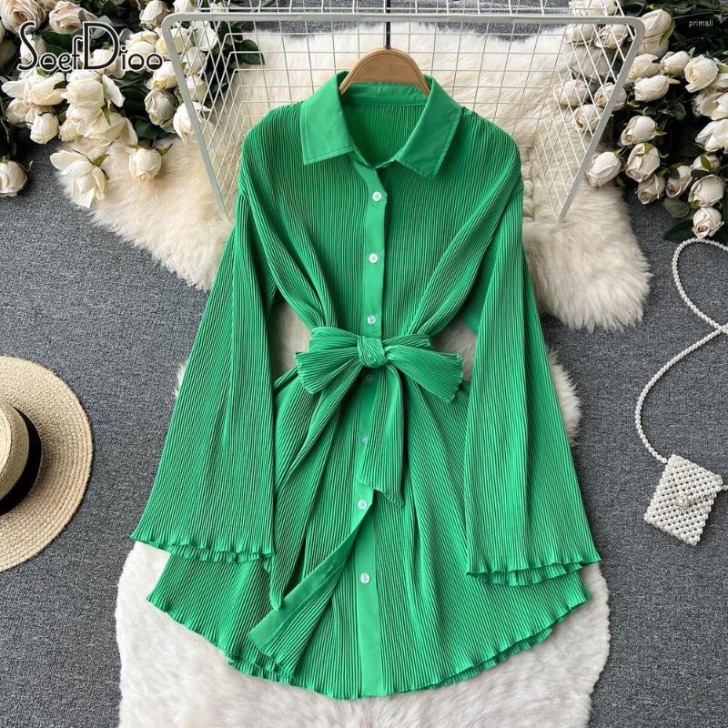 

Casual Dresses Soefdioo Pleat Long Flare Sleeve Single Breasted Belt Midi Dress Women Fashion Ruffles Shirt Summer 2023 Streetwear, Flower