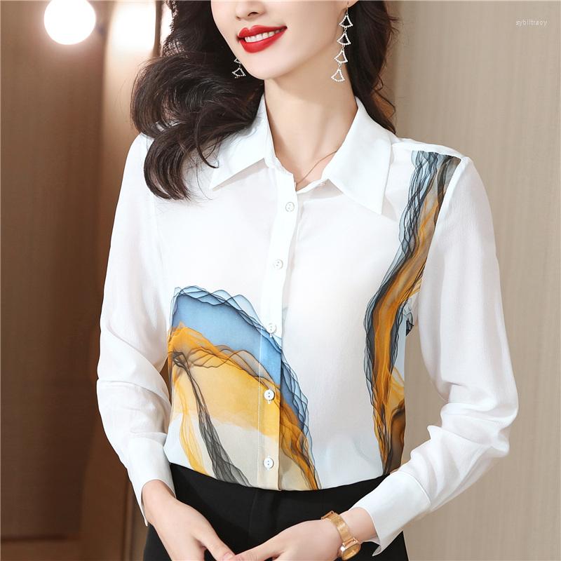 

Women' Blouses Long Sleeve Top Silk Shirt Women Blouse Casual Loose Print White Office Ladies Work Spring Summer Autumn Female Clothing