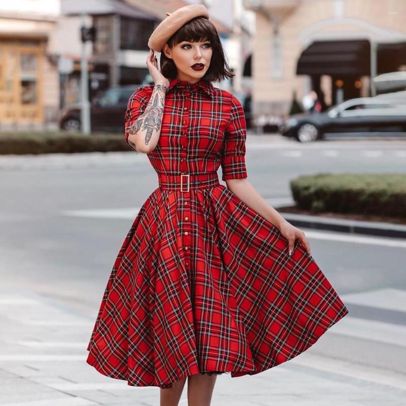 

Party Dresses Women French Retro Dress Plaid Print Rolled Sleeve Turn Down Collar Tie Belt Shirt Casual Button Single Breast Swing, Red