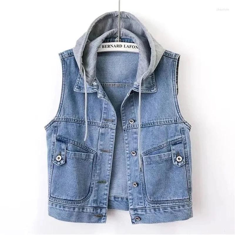 

Women' Vests 2023 Spring Autumn Short Denim Hooded Vest Jackets Women Pocket Jean Waistcoat Sleeveless Tank Schoolgirl Outerwear Casual, No hooded