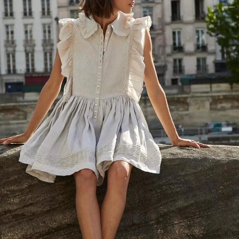

Casual Dresses Women Hollow Out Embroidery Linen Mini Dress 2023 Doll Collar Ruffles Sleeve Sweet Gitl Short, Gray