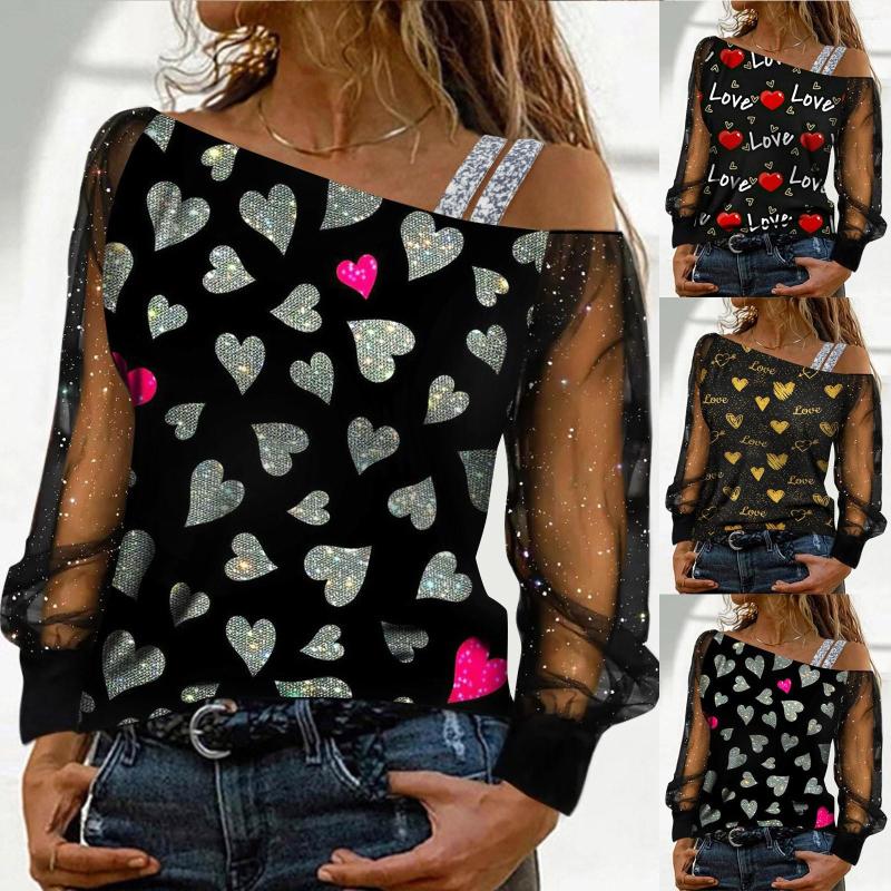 

Women's Blouses Sequin Print Blouse For Women Loose Size Mesh Long Sleeve Cold Shoulder Splice Tops Summer Blusas, Hot pink-c