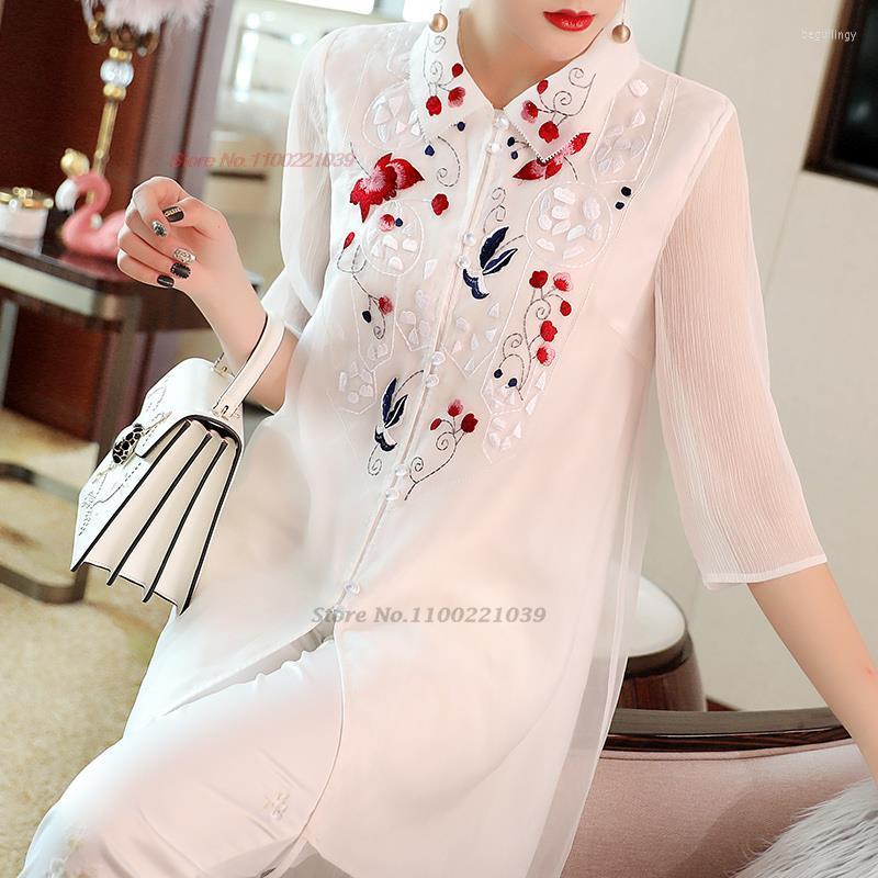 

Ethnic Clothing 2023 Traditional Chinese Chiffon Blouse Improved Tang Suit National Flower Embroidery Oriental Retro Hanfu Tops