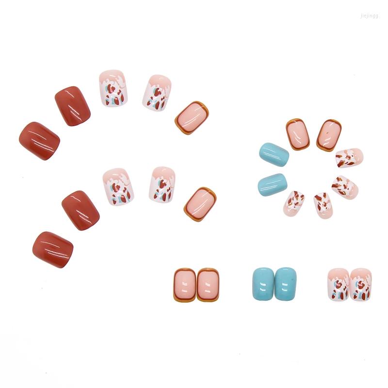 

False Nails 24 Pcs Cow Press On Glossy Short French Fake Colorful Cute Artificial Full Cover Tips 27RC, Picture shown