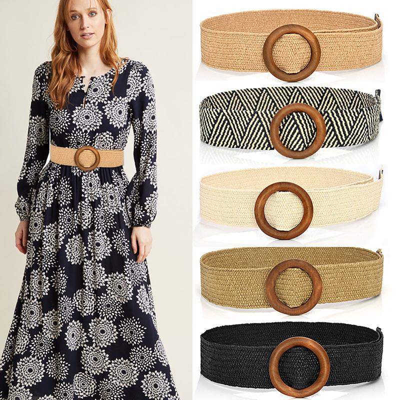 

Belts Wide Elastic Stretch Waist Wooden Buckle For Coat Dress Decor Strap Decorative Simple Waistband, Black