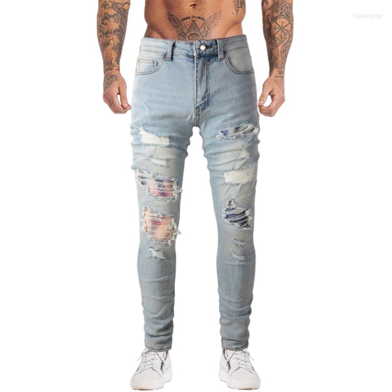 

Men's Jeans Ripped Holes Patchwork Denim Mens Casual Biker Zipper Jean Trousers Hip Hop High-street Slim Fit Pants Joggers Y2k, Sky blue