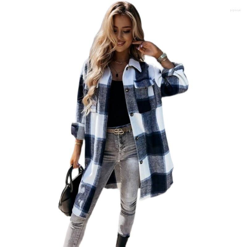 

Women' Blouses Autumn Winter Plaid Shirt Lapel Button Up Loose Irregular Long Jacket Top Coat Strret Fashion Thickened Women Shirts, Bk