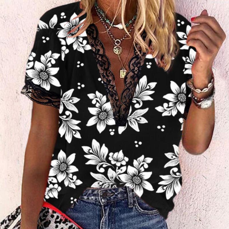 

Women's Blouses Summer Shirts & Woman 2023 Lace Splice V Neck Floral Print Short Sleeve Shirt Camisole Top Elegant Feminine, Black