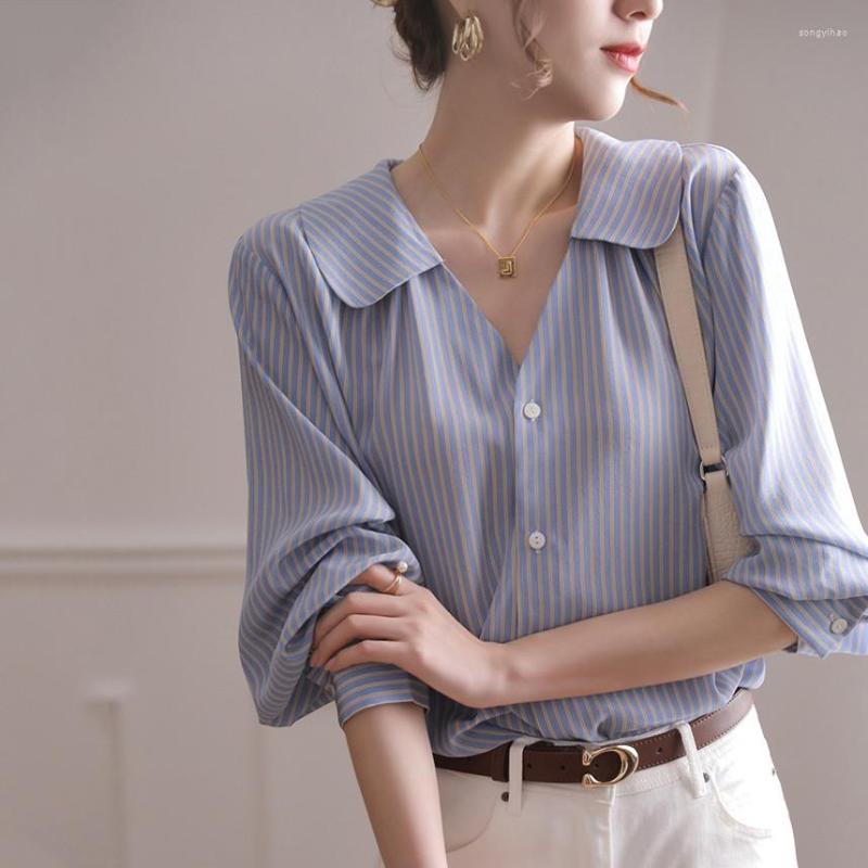 

Women' Blouses Women Blue Striped Shirts Spring Summer 2023 Korean Loose Deep V-neck Long Sleeve Tops Single-breasted Casual Harajuku, As show