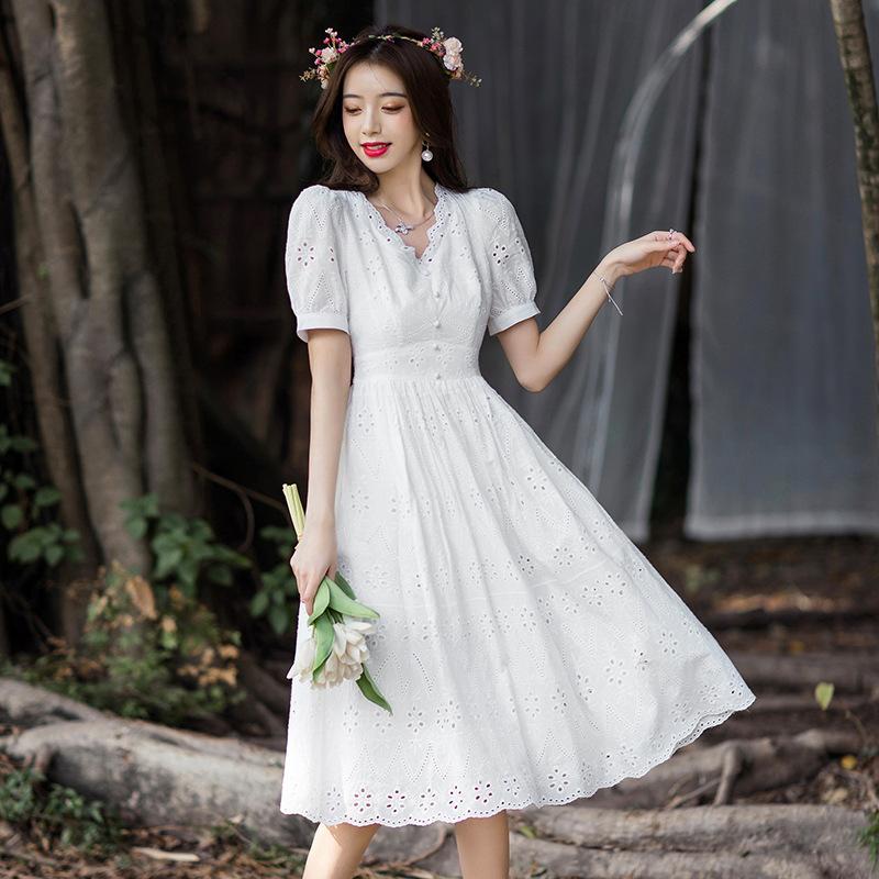 

Party Dresses High Quality Women Dress Short Sleeve Flower Dots Lace Cotton Waist Autumn Vestidos Female Maxi Plus Size 3XL, White