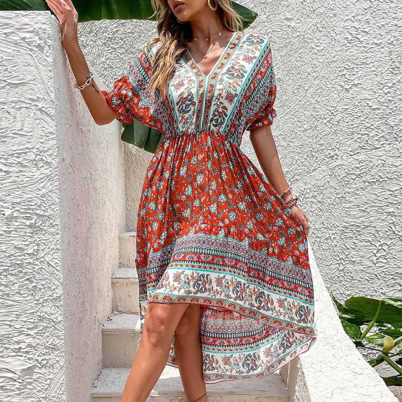 

Casual Dresses Red Halter Dress Women's Summer Vintage Midi Slim Print Irregular Resort, Wine