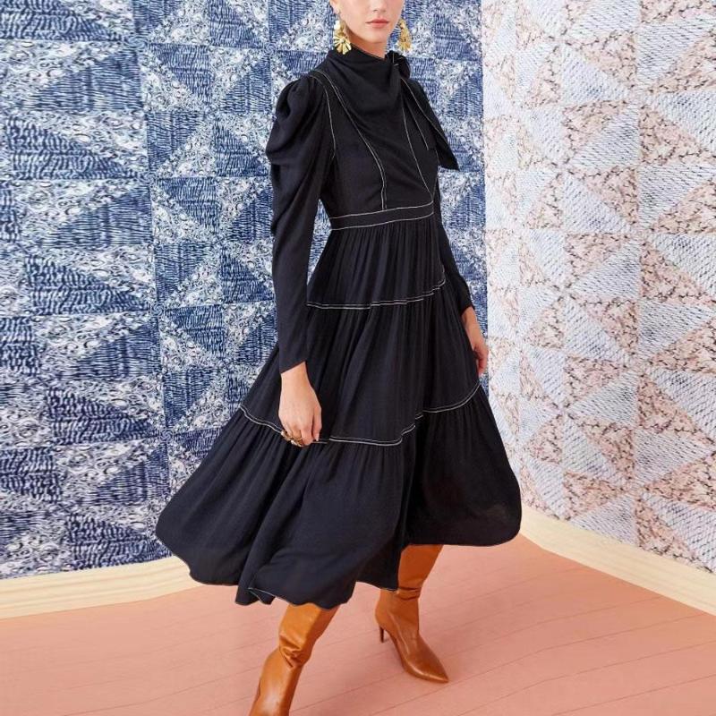 

Casual Dresses Women Midi Dress Lace-up Collar High Waist Lady Long Robe, Beige