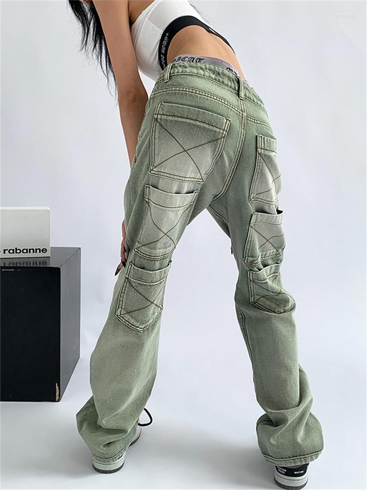 

Women' Jeans 2023 Women' Green Vintage Washed Multiple Pockets Wide Leg Pants Casual Street High Waist Baggy Denim Trouser Ladies