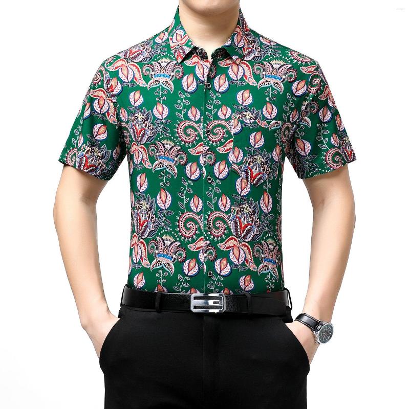 

Men's Casual Shirts Men's Non-Iron Flowers Print Clothes Tops 2023 Summer Smooth Ice Silk Male Short Sleeve Fashion Printing Dress, Red