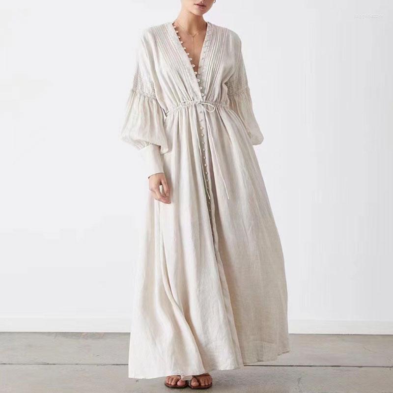 

Casual Dresses Women Ramie Maxi Dress V Neck Single Breasted Lantern Sleeve Lady Long Robe, White