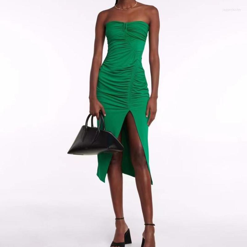 

Casual Dresses Women Green Strapless Dress High Waist Split Sexy Event Wear