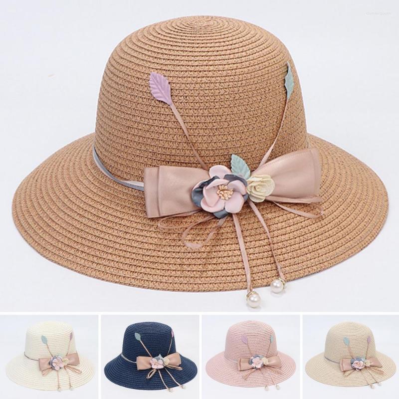 

Wide Brim Hats Beach Hat Ribbon Bowknot Flower Decor Faux Pearls Pendant Sun Women Summer Floppy Straw Fashion Accessories, White