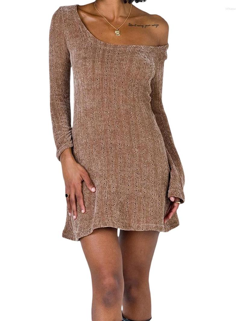 

Casual Dresses Women Sexy Long Sleeve Bodycon Knit Cutout Square Neck Backless Mini Dress Off Shoulder Short Streetwear, Brown
