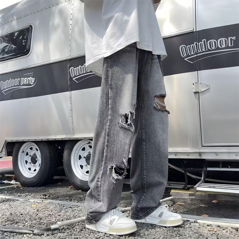 

Men's Jeans Foufurieux American Vintage High Waist Loose Ripped Pants 2023 Fashion Men's Y2K Wide Leg Female Denim Trouser HIP HOP, Gray