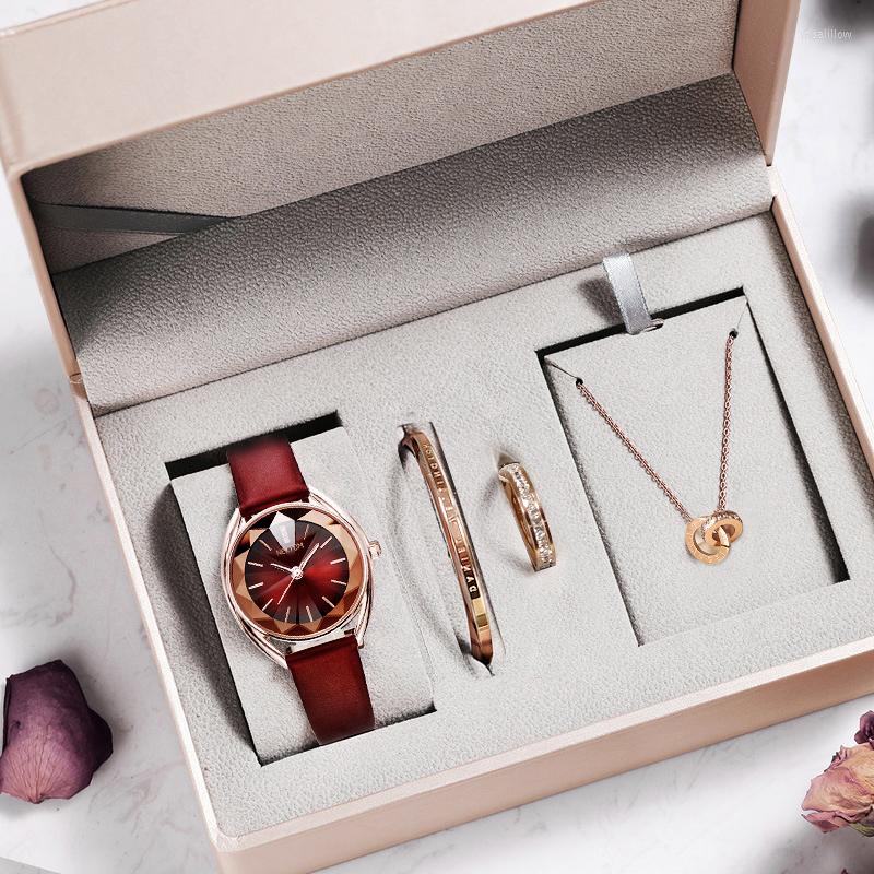 

Wristwatches NEKTOM Drop Top Fashion Women's Watches Waterproof Leather Band Set For Women Relogio Feminino, Red