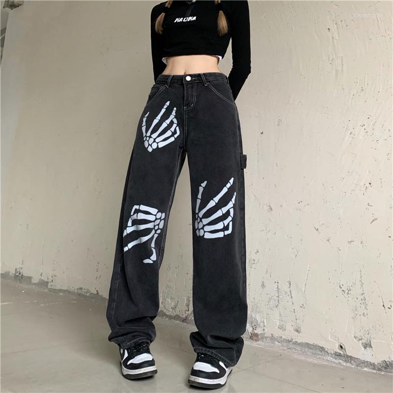 

Men' Jeans 2023 Punk Style Skeleton Print Black Baggy Women Pants Y2K Clothes Straight Men Hip Hop Cotton Trousers Vetement Homme