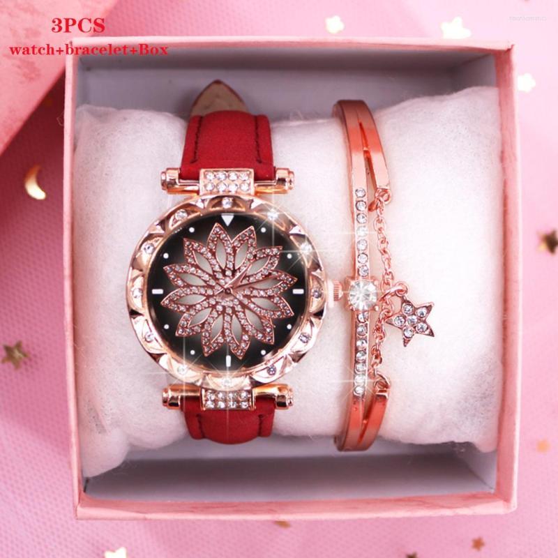 

Wristwatches 2023 Ladies Wrist Watch Bracelet Set For Women Watches Luxury Quartz Relogio Feminino Diamond Clock With Box, Red 2pcs