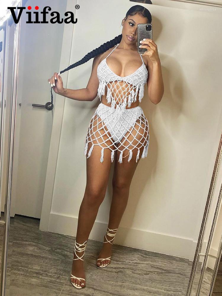 

Work Dresses Viifaa Halter Top And Mini Skirt Women Crochet Two Piece Set Beach Summer Vacation Sexy 2 Sets Festival Outfit 2023, White