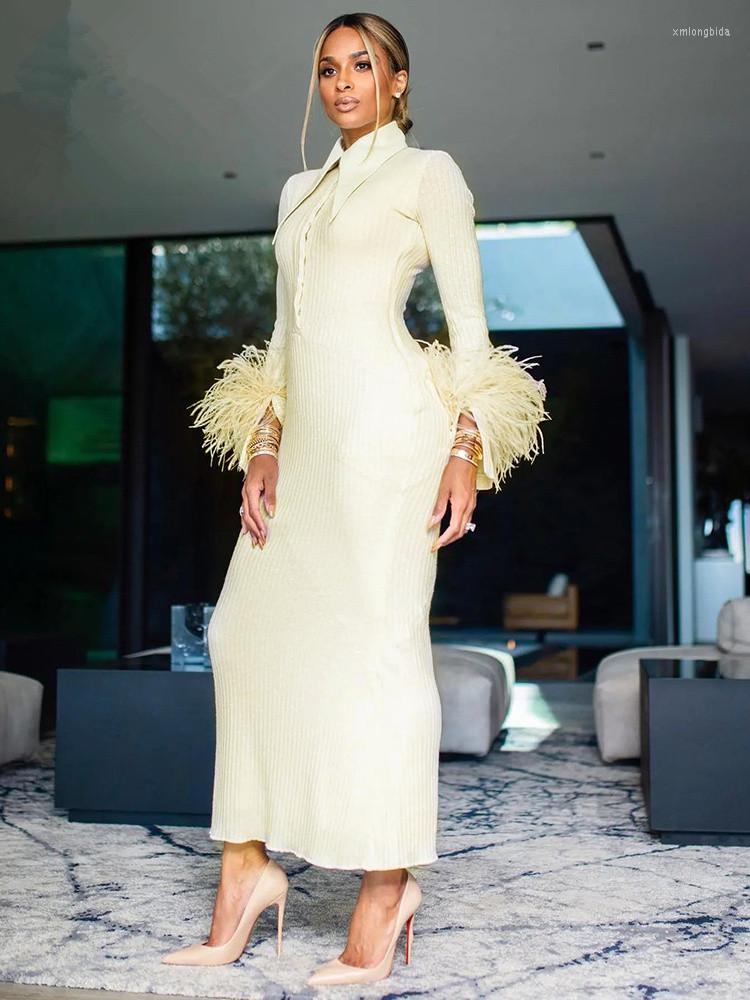 

Casual Dresses Winter Fashion Women Sexy Long Sleeve Yellow Feather Ankle Length Bodycon Bandage Dress 2023 Elegant Evening Club Party