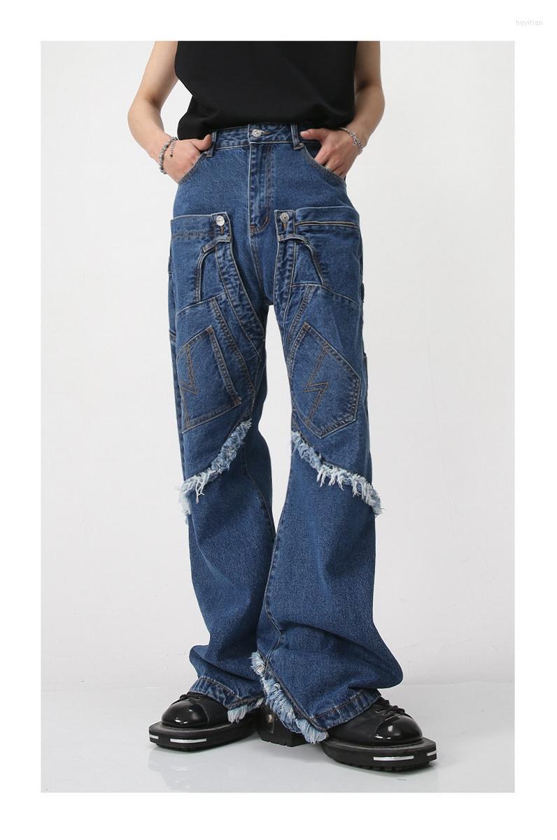 

Men' Jeans For Men 2023 Wide Leg Denim Pants Y2K Cargo Women Trousers Baggy Straight Patchwork Hair Pocket, Blue