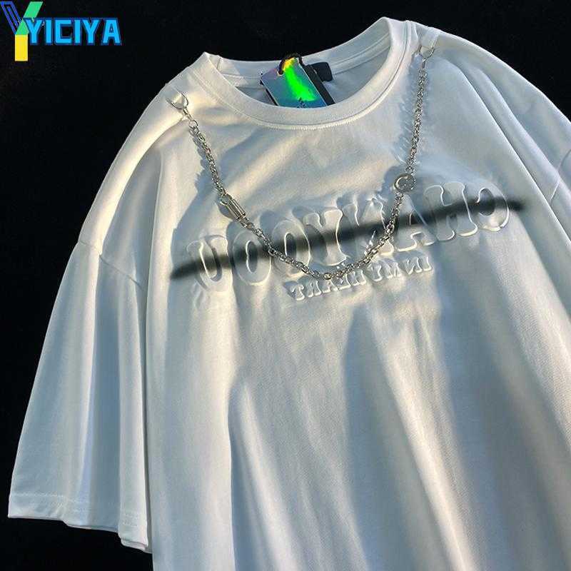 

YICIYA Women's T Shirts Embossed Letter Printing Hip Hop T-shirt For Woman With Chain Summer Top Y2k Tee Tops Aesthetic Clothes Fashion, White