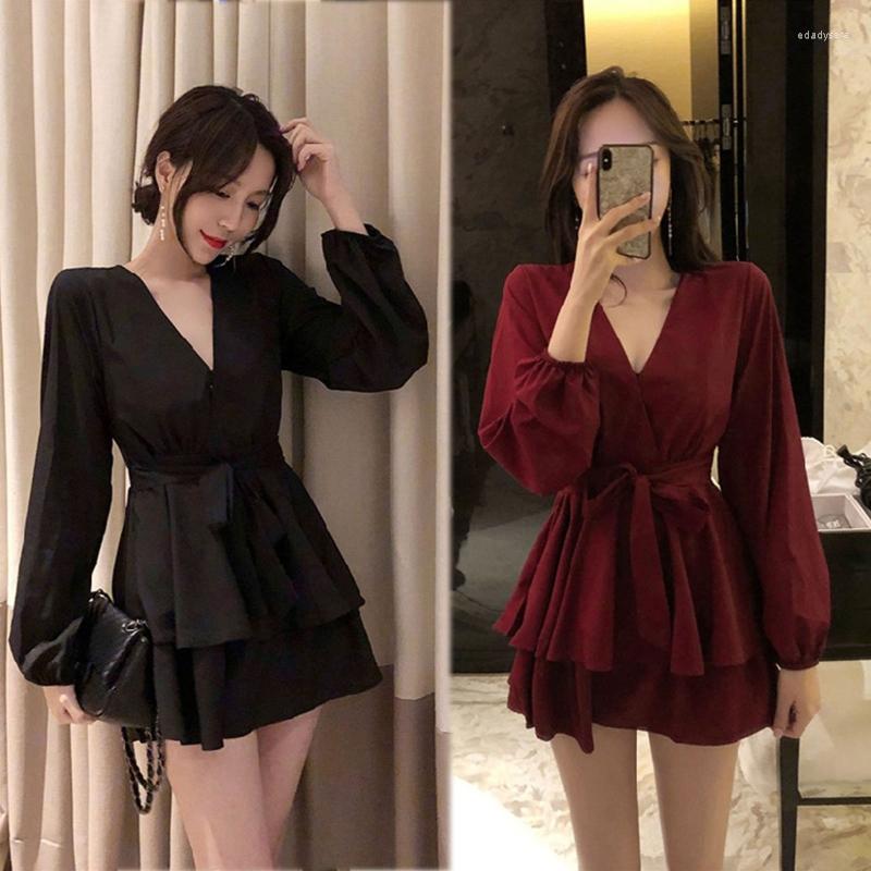 

Casual Dresses Women Puff Long Sleeve Sexy Wrap V-Neck Tie Waist Ruffle A-Line Mini Swing Dress, Black